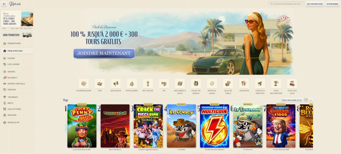 Aperçu de la page d'accueil de VipLuck Casino